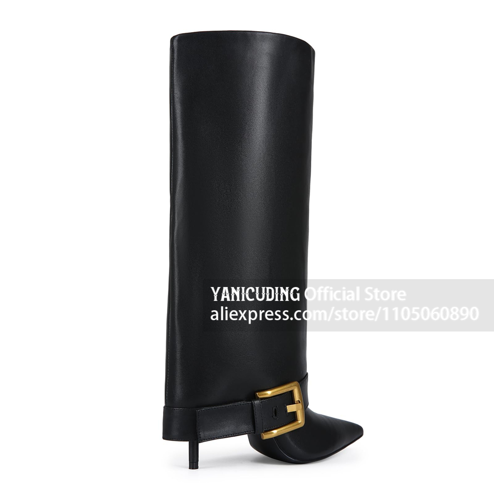 Wide Fit Heels - Botas de Couro PU Dobráveis Acima
